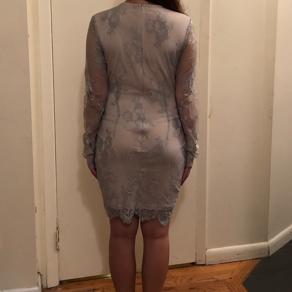 Missguided Silver Lace Mini Dress with Deep V - Picture 3 of 5